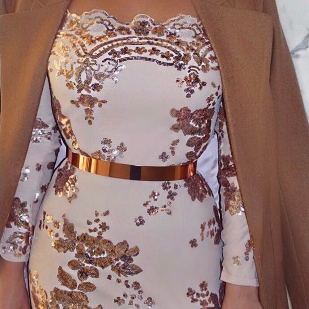 Rose gold floral sequins off shoulder dress